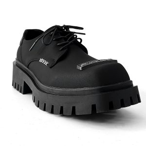 Men's Charcoal Black Square-Toed Derby Shoes, High-End British Design, Thick-Soled Height-Increasing, High Street Style Footwear