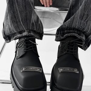 Men's Charcoal Black Square-Toed Derby Shoes, High-End British Design, Thick-Soled Height-Increasing, High Street Style Footwear