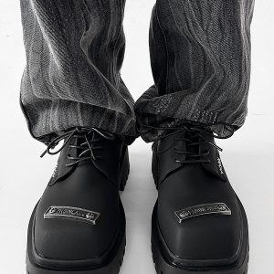 Men's Charcoal Black Square-Toed Derby Shoes, High-End British Design, Thick-Soled Height-Increasing, High Street Style Footwear