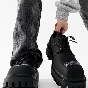 Men's Charcoal Black Square-Toed Derby Shoes, High-End British Design, Thick-Soled Height-Increasing, High Street Style Footwear