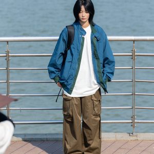 Men's Color Block Stand Collar Jacket - Loose Fit Spring 2025 Couples Outerwear - Trendy Korean Style