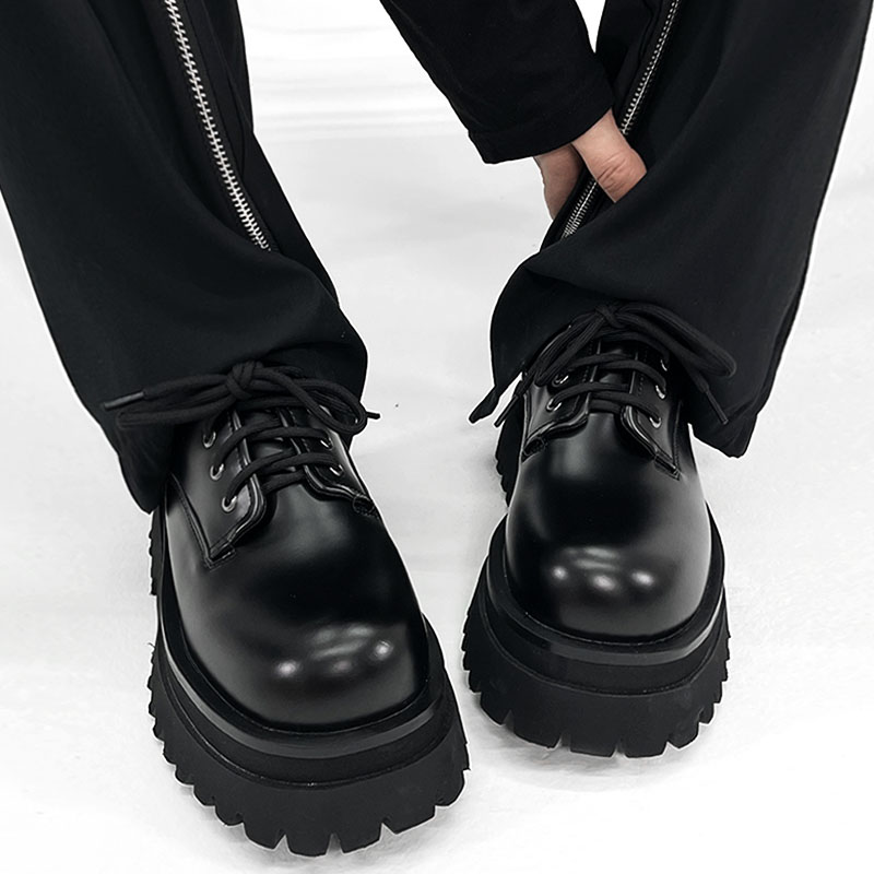 Men's High-End British Style Derby Shoes, Round Toe Leather, Thick-Soled, Height-Increasing, Trendy Formal Footwear