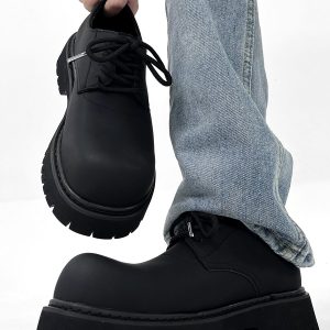 Men's High-End Matte Leather Derby Shoes with Thick Sole, Round Toe, and Big Head Mickey Design - Stylish British Cleanfit Footwear