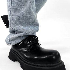 Men's High-End Matte Leather Derby Shoes with Thick Sole, Round Toe, and Big Head Mickey Design - Stylish British Cleanfit Footwear