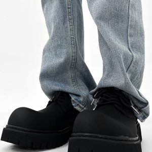 Men's High-End Matte Leather Derby Shoes with Thick Sole, Round Toe, and Big Head Mickey Design - Stylish British Cleanfit Footwear