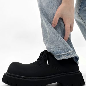 Men's High-End Matte Leather Derby Shoes with Thick Sole, Round Toe, and Big Head Mickey Design - Stylish British Cleanfit Footwear