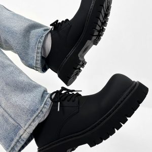 Men's High-End Matte Leather Derby Shoes with Thick Sole, Round Toe, and Big Head Mickey Design - Stylish British Cleanfit Footwear