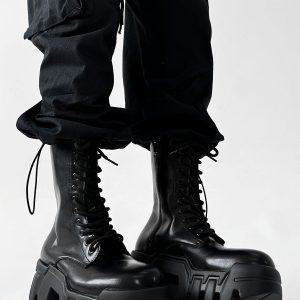 Men's High-Top Zipper Motorcycle Boots - Paris Bulldog Design, Thick-Soled, Height-Increasing, Genuine Leather Cosplay & Work Shoes