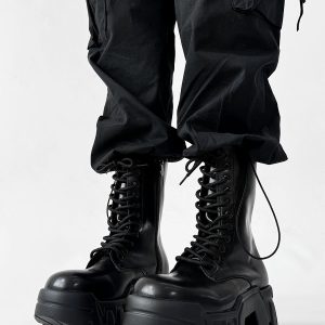 Men's High-Top Zipper Motorcycle Boots - Paris Bulldog Design, Thick-Soled, Height-Increasing, Genuine Leather Cosplay & Work Shoes