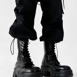 Men's High-Top Zipper Motorcycle Boots - Paris Bulldog Design, Thick-Soled, Height-Increasing, Genuine Leather Cosplay & Work Shoes