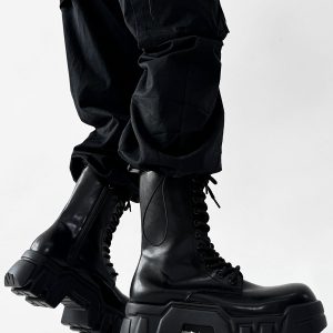 Men's High-Top Zipper Motorcycle Boots - Paris Bulldog Design, Thick-Soled, Height-Increasing, Genuine Leather Cosplay & Work Shoes