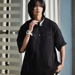 Men's Japanese Minimalist Short-Sleeve T-Shirt with Sewing Embroidery - 320g American Heavyweight Casual Trendy Wear