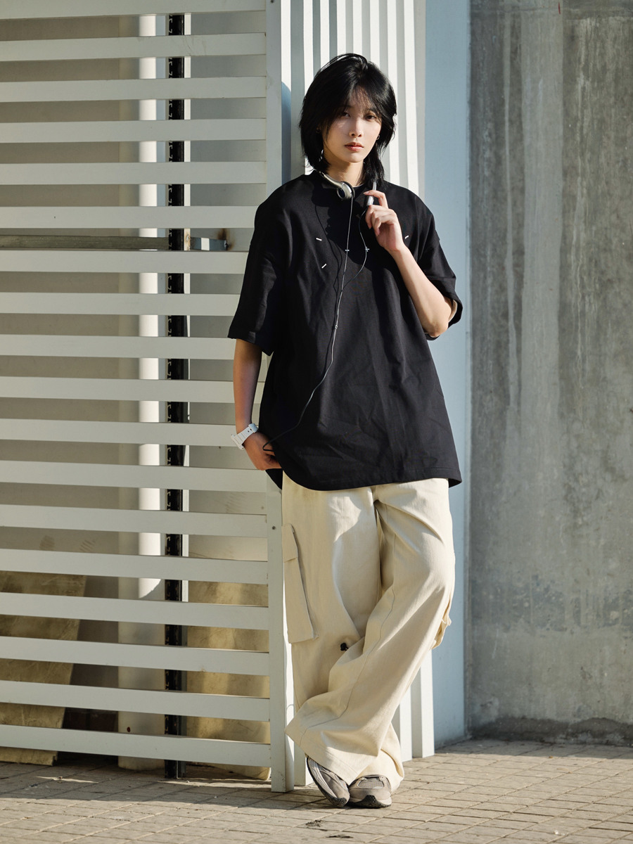 Men's Japanese Minimalist Short-Sleeve T-Shirt with Sewing Embroidery - 320g American Heavyweight Casual Trendy Wear Men's Japanese Minimalist Short-Sleeve T-Shirt with Sewing Embroidery - 320g American Heavyweight Casual Trendy Wear