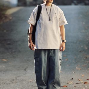 Men's Japanese Minimalist Short-Sleeve T-Shirt with Sewing Embroidery - 320g American Heavyweight Casual Trendy Wear