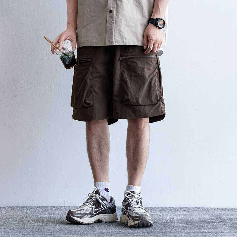 Men's Japanese Retro Summer Solid Color Loose Casual Shorts, Quick-Dry Multi-Pocket Five-Point Sports Pants