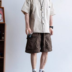 Men's Japanese Retro Summer Solid Color Loose Casual Shorts, Quick-Dry Multi-Pocket Five-Point Sports Pants