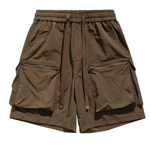 Men's Japanese Retro Summer Solid Color Loose Casual Shorts, Quick-Dry Multi-Pocket Five-Point Sports Pants