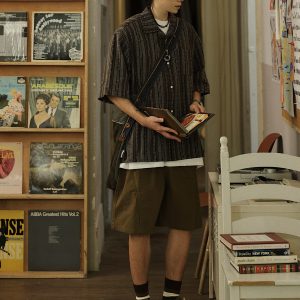 Men's Japanese Striped Pocket Work Shirt - Casual Summer Short Sleeve Fashion in Youthful Trendy Style