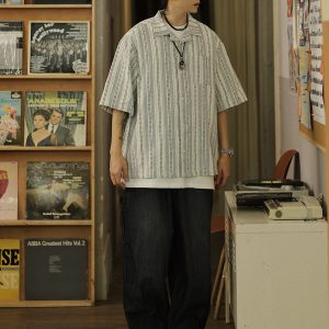 Men's Japanese Striped Pocket Work Shirt - Casual Summer Short Sleeve Fashion in Youthful Trendy Style