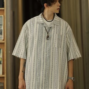 Men's Japanese Striped Pocket Work Shirt - Casual Summer Short Sleeve Fashion in Youthful Trendy Style