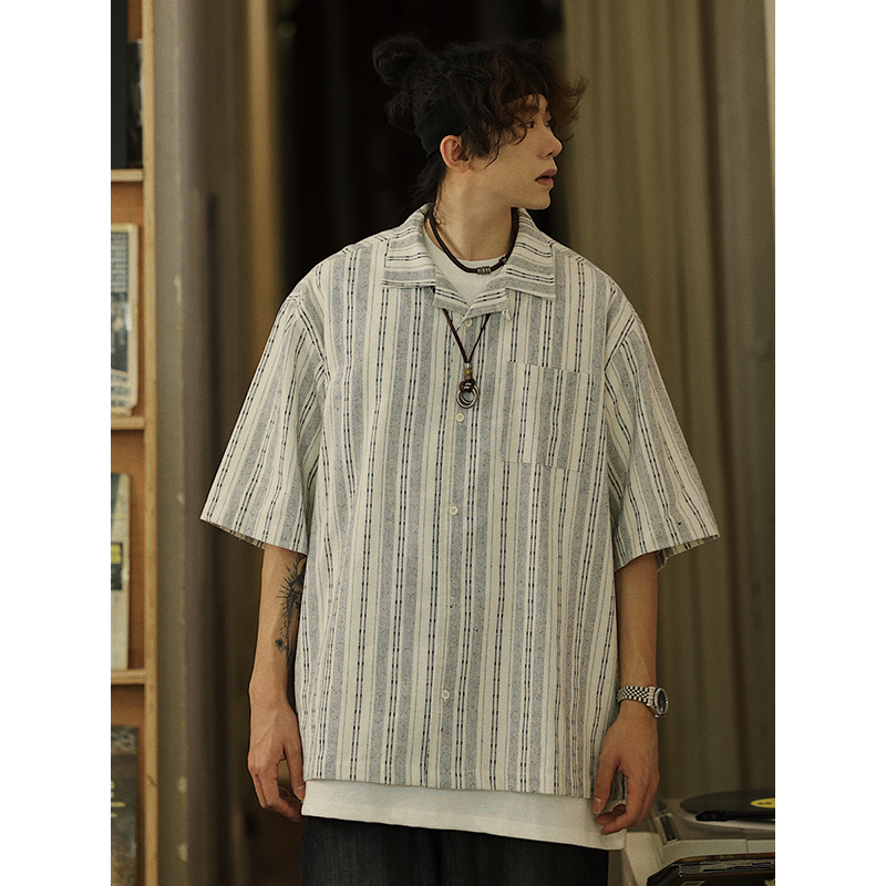 Men's Japanese Striped Pocket Work Shirt - Casual Summer Short Sleeve Fashion in Youthful Trendy Style