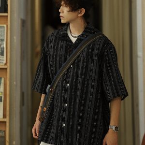 Men's Japanese Striped Pocket Work Shirt - Casual Summer Short Sleeve Fashion in Youthful Trendy Style