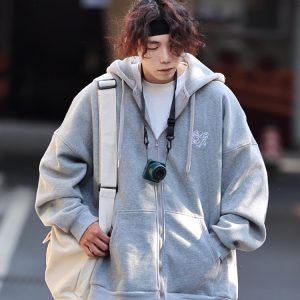 Men's Japanese-Style Fleece-Lined Hooded Sweatshirt, Loose Fit Solid Color Jacket for Autumn and Winter, Versatile City Style