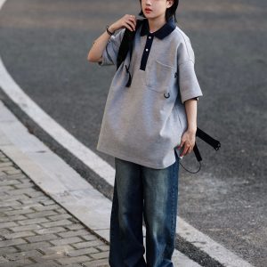 Men's Japanese-Style Heavyweight Cotton Polo Shirt - Short Sleeve Retro Casual Top for Versatile 90s Y2K Fashion