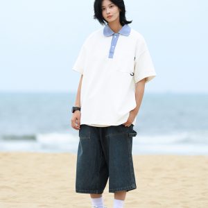 Men's Japanese-Style Heavyweight Cotton Polo Shirt - Short Sleeve Retro Casual Top for Versatile 90s Y2K Fashion