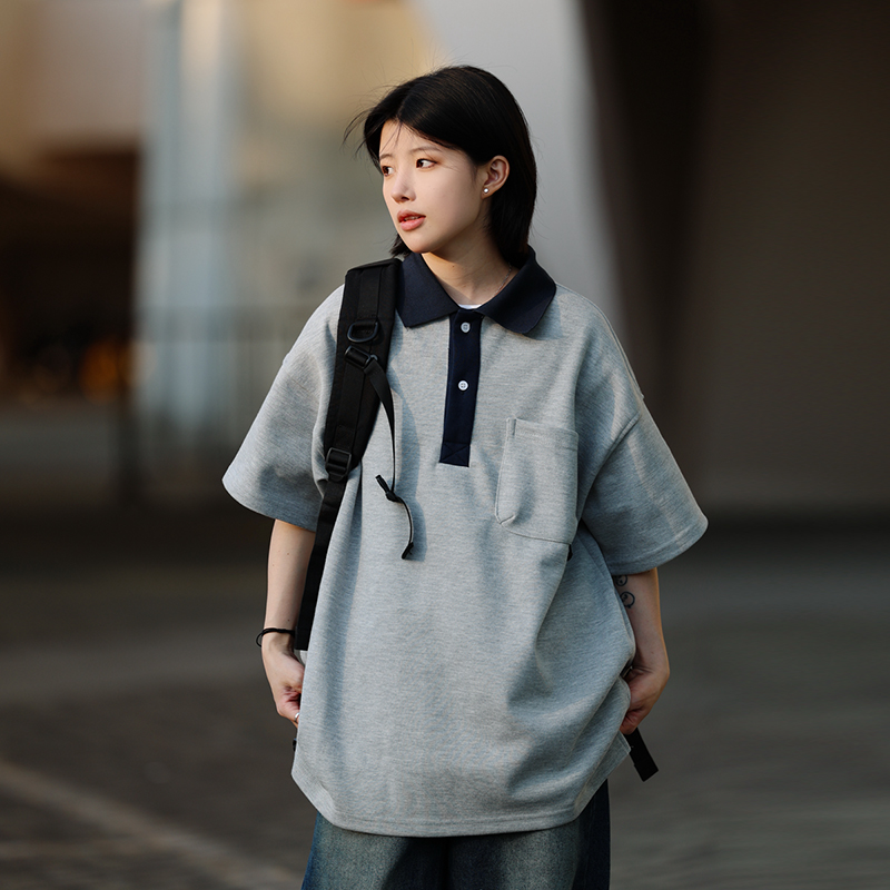 Men's Japanese-Style Heavyweight Cotton Polo Shirt - Short Sleeve Retro Casual Top for Versatile 90s Y2K Fashion