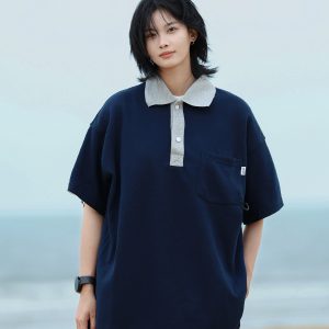 Men's Japanese-Style Heavyweight Cotton Polo Shirt - Short Sleeve Retro Casual Top for Versatile 90s Y2K Fashion