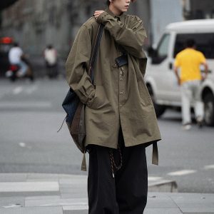 Men's Japanese Style Herringbone Bamboo Blend Shirt Jacket - Loose Windproof Coat for Spring and Autumn Fashion