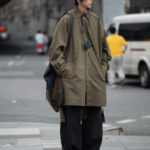 Men's Japanese Style Herringbone Bamboo Blend Shirt Jacket - Loose Windproof Coat for Spring and Autumn Fashion