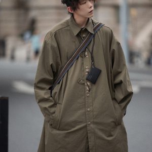 Men's Japanese Style Herringbone Bamboo Blend Shirt Jacket - Loose Windproof Coat for Spring and Autumn Fashion