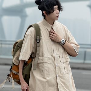 Men's Loose-Fit Lapel Short Sleeve Shirt with Large Pockets - Stylish Versatile Work Top for Spring and Summer