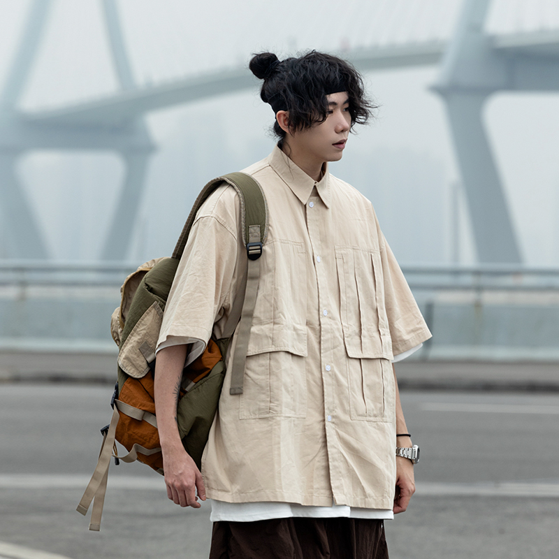 Men's Loose-Fit Lapel Short Sleeve Shirt with Large Pockets - Stylish Versatile Work Top for Spring and Summer