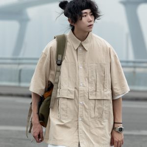 Men's Loose-Fit Lapel Short Sleeve Shirt with Large Pockets - Stylish Versatile Work Top for Spring and Summer