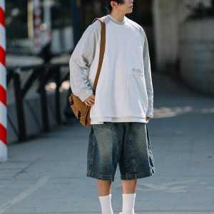 Men's Loose Wide-Leg Denim Shorts - Retro Patchwork Gradient Seven-Point Pants for Summer Casual Style