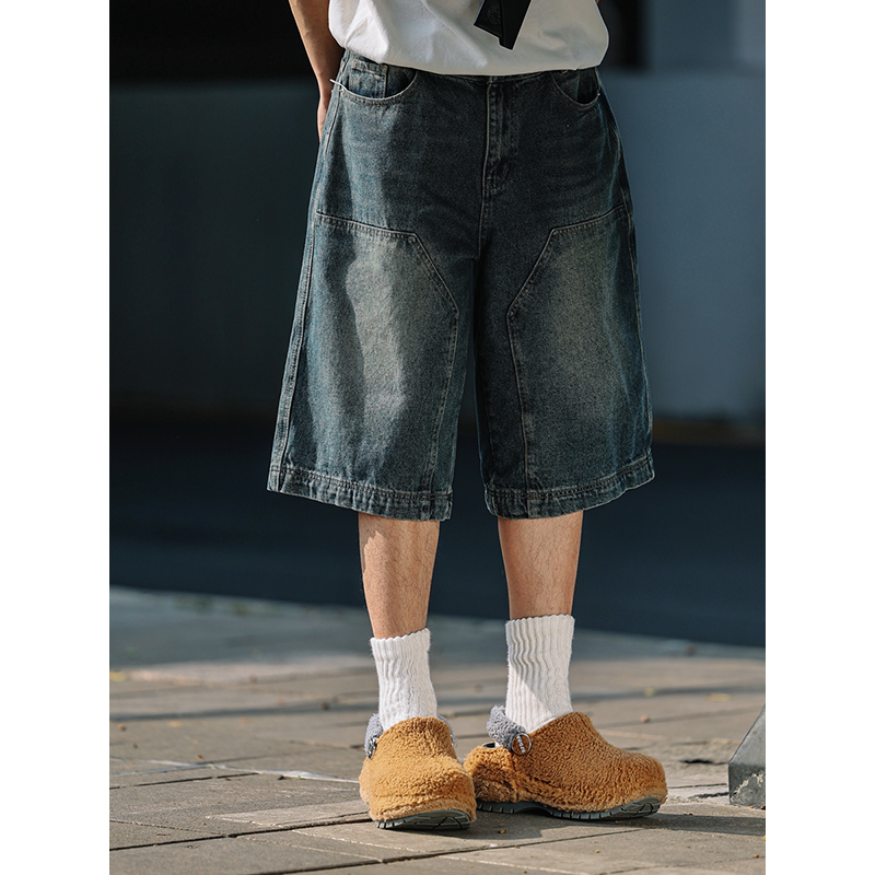 Men's Loose Wide-Leg Denim Shorts - Retro Patchwork Gradient Seven-Point Pants for Summer Casual Style