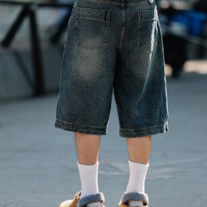 Men's Loose Wide-Leg Denim Shorts - Retro Patchwork Gradient Seven-Point Pants for Summer Casual Style