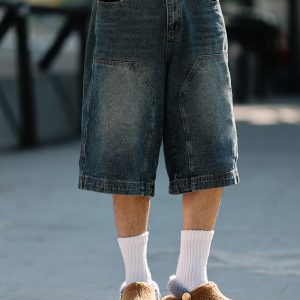 Men's Loose Wide-Leg Denim Shorts - Retro Patchwork Gradient Seven-Point Pants for Summer Casual Style