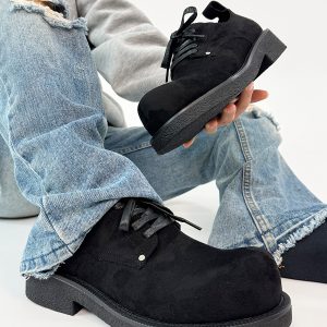 Men's Retro Brown Suede Derby Shoes with Mickey Mouse Design, Thick-Soled British Style, Trendy Oversized Footwear