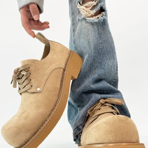 Men's Retro Brown Suede Derby Shoes with Mickey Mouse Design, Thick-Soled British Style, Trendy Oversized Footwear