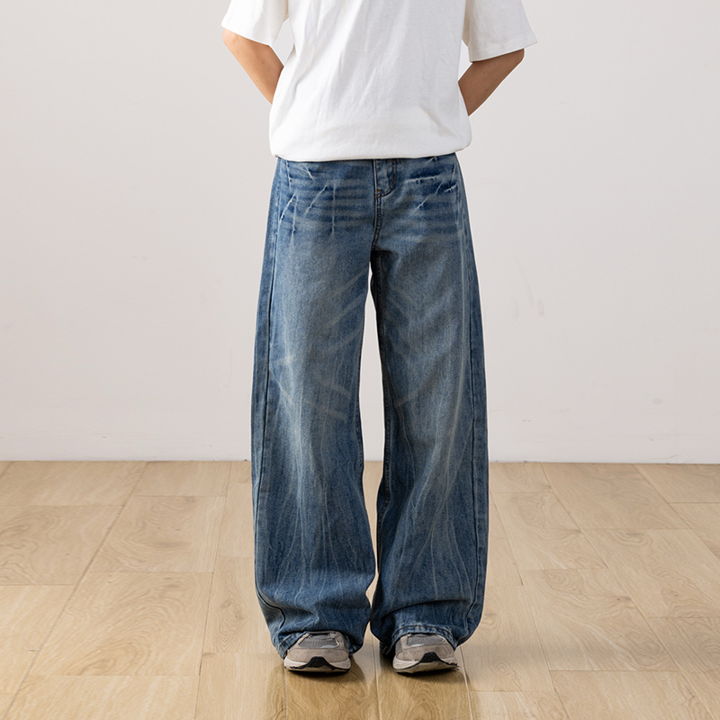 Men's Retro Distressed Straight-Leg Jeans with Lightning Pattern - Gradient Wide-Leg Style for a 90s American Fashion Look