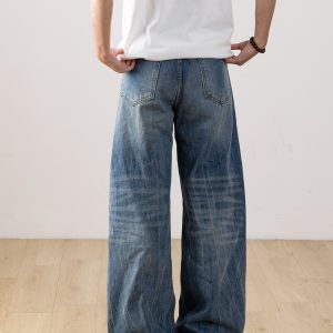 Men's Retro Distressed Straight-Leg Jeans with Lightning Pattern - Gradient Wide-Leg Style for a 90s American Fashion Look