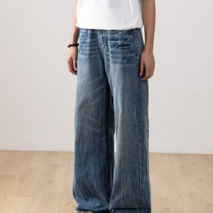 Men's Retro Distressed Straight-Leg Jeans with Lightning Pattern - Gradient Wide-Leg Style for a 90s American Fashion Look