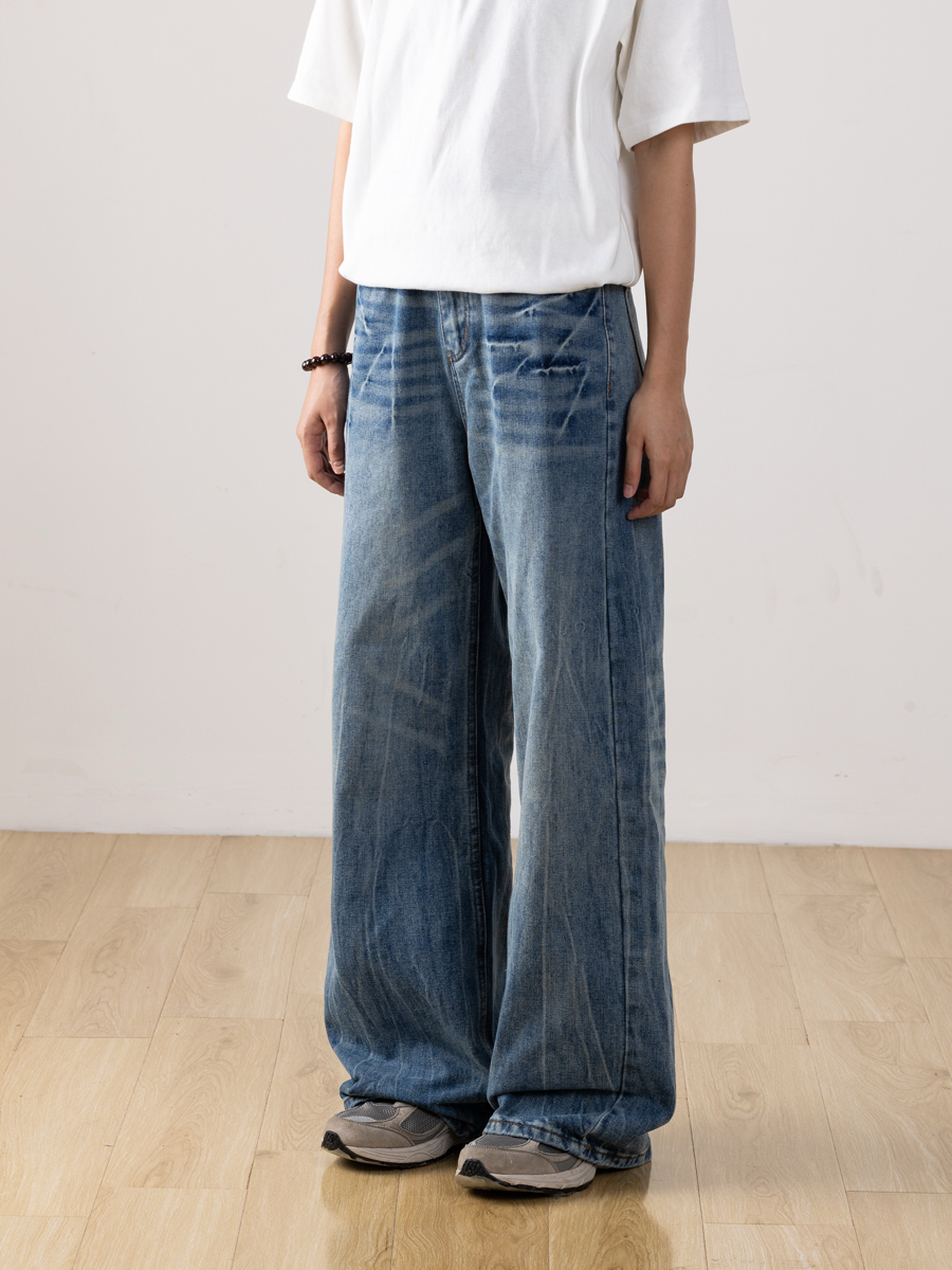 Men's Retro Distressed Straight-Leg Jeans with Lightning Pattern - Gradient Wide-Leg Style for a 90s American Fashion Look Men's Retro Distressed Straight-Leg Jeans with Lightning Pattern - Gradient Wide-Leg Style for a 90s American Fashion Look