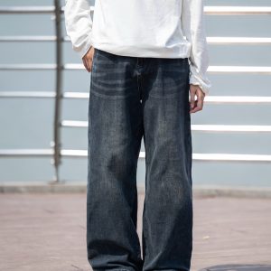 Men's Retro Gradient Washed Denim Pants - Loose Straight Wide-Leg Trousers for Autumn - American Streetwear Style