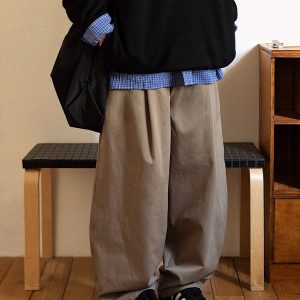 Men's Retro Minimalist Loose Military Green Wide-Leg Cargo Pants – Casual Trousers for 90s Inspired Style