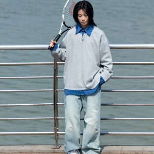 Men's Retro Striped Color-Block Fake Two-Piece Sweatshirt with V-Neck Design - Loose Fit, Versatile Style for 90s and Y2K Inspired Looks